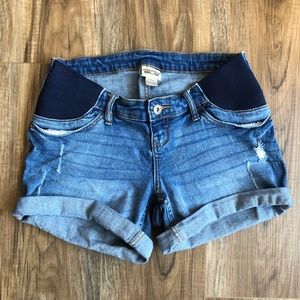 Indigo blue side panel roll hem maternity shorts